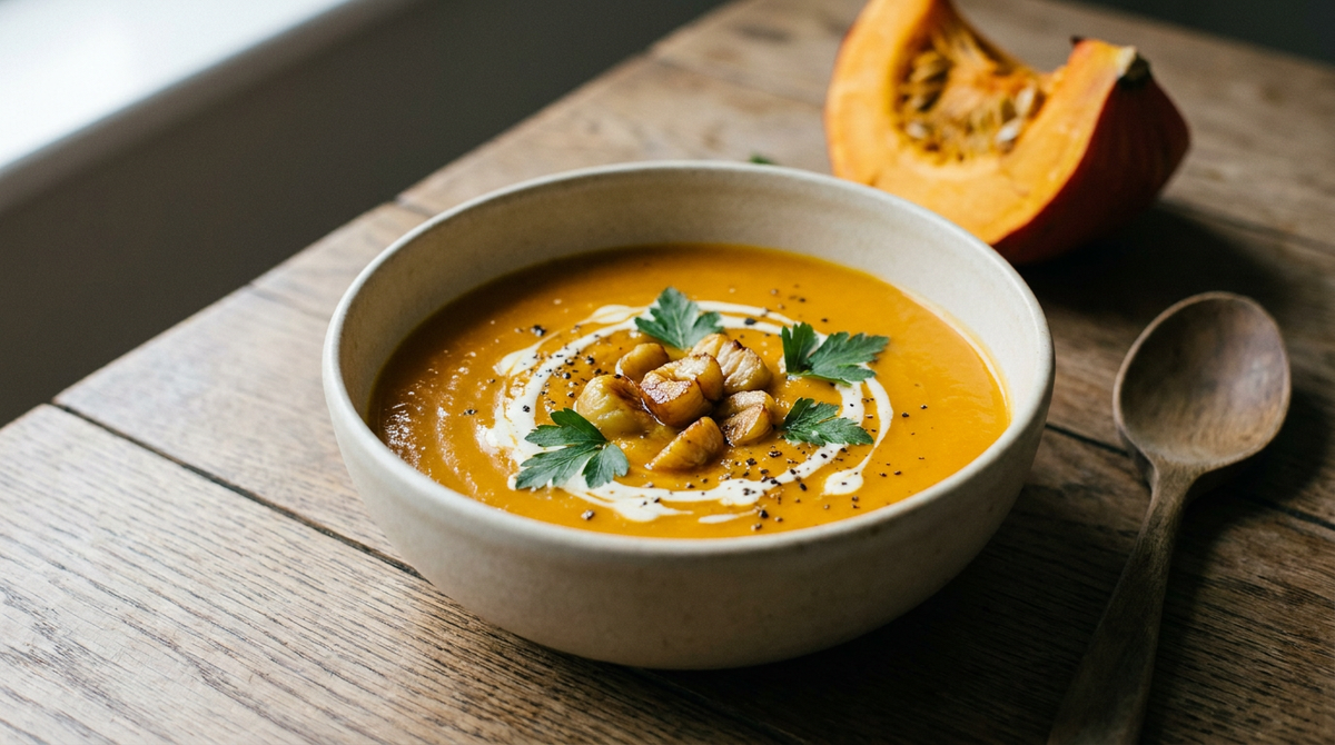 Velouté de potimarron orange dans un bol en grès crème, éclats de châtaignes poêlées, filet de crème et persil plat, quartier de potimarron rôti et cuillère en bois sur table de chêne