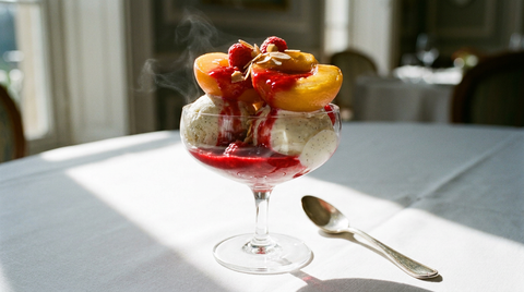 Pêche Melba en coupe : glace vanille, oreillons de pêche pochés dorés, coulis de framboise cru coulant sur les côtés, amandes effilées