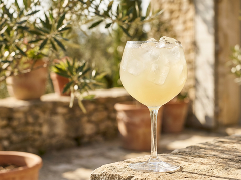 Piscine : grand verre à vin rempli de glaçons avec un pastis dilué très pâle