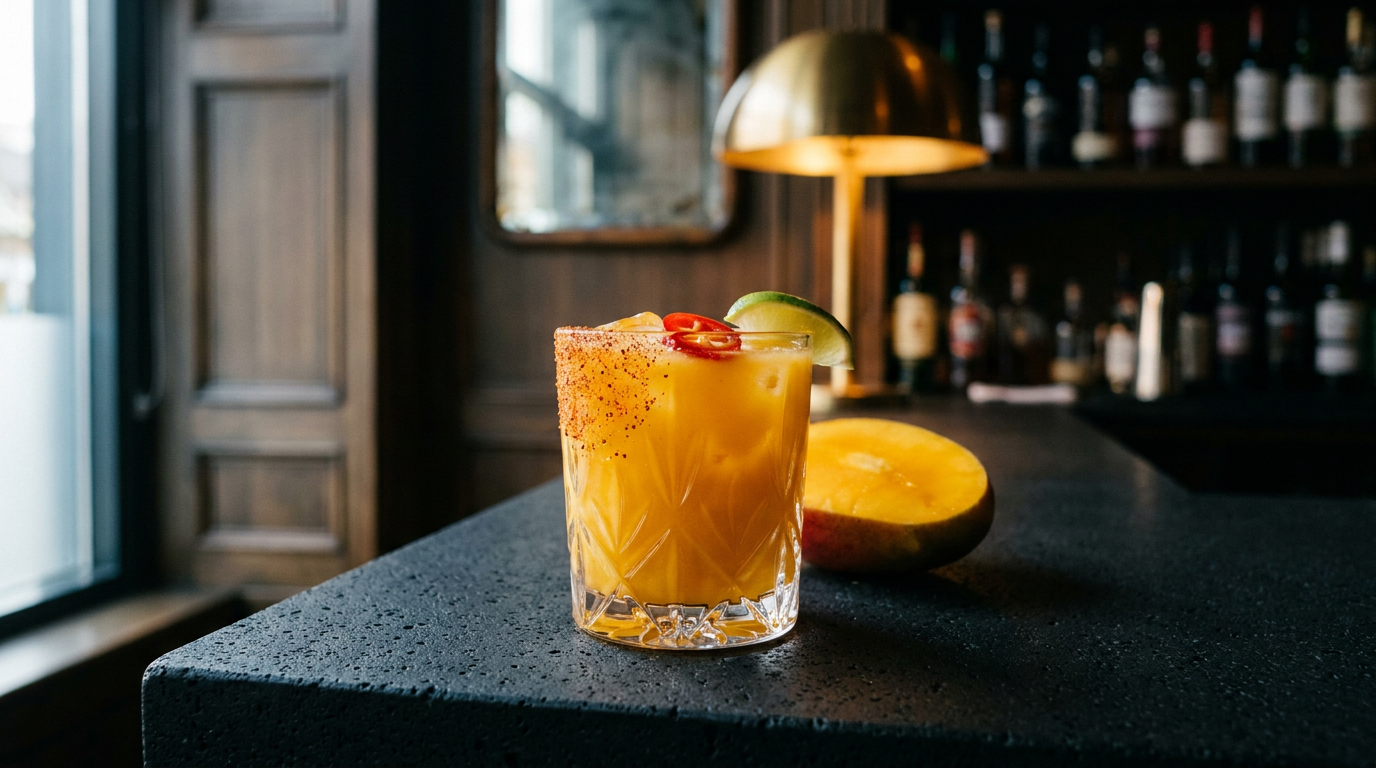 Mocktail mangue-piment, bord au sel et piment, sur un comptoir de pierre volcanique