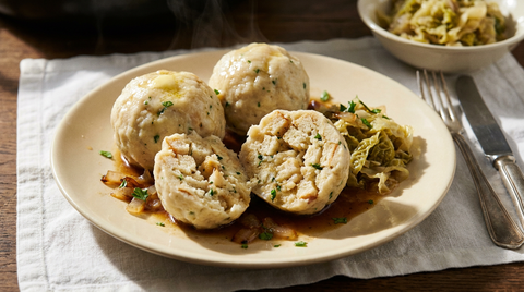 Knödel autrichiens sur une assiette, l'un ouvert montrant les cubes de pain rassis encore visibles, jus de rôti et chou