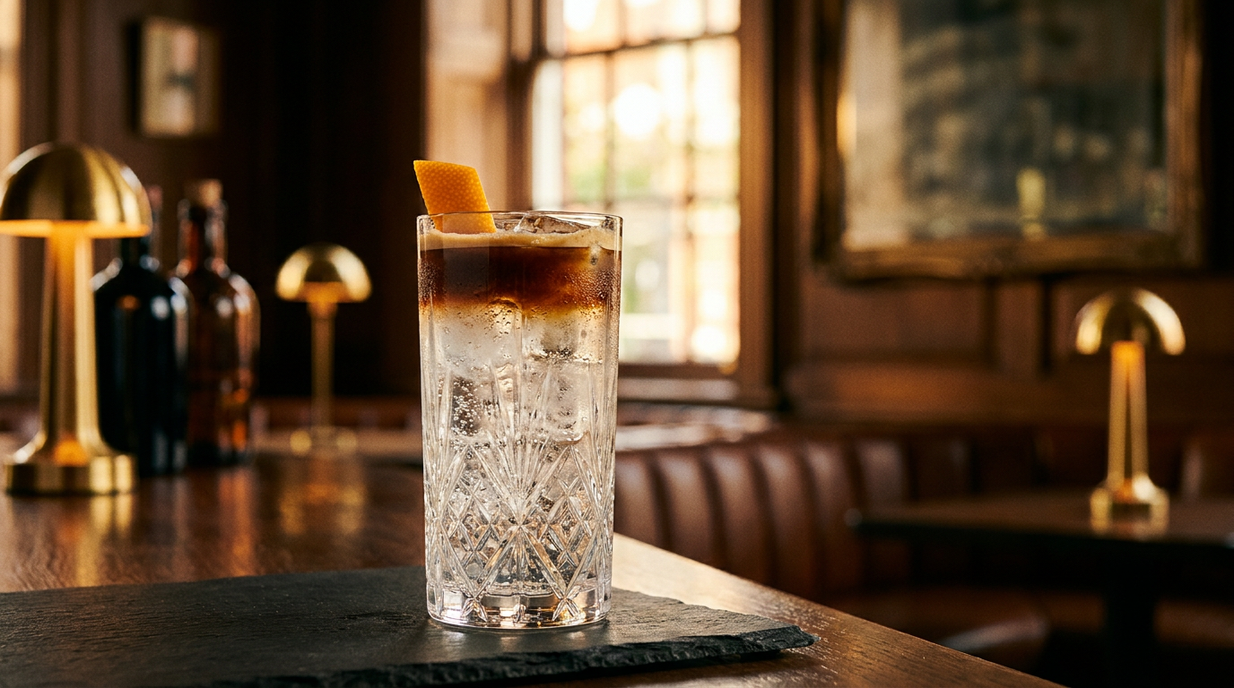Grand verre rempli de glace et de tonic clair, surmonté d'une couche brune d'espresso flottant, zeste d'orange sur le bord, sur une ardoise noire dans un bar chic