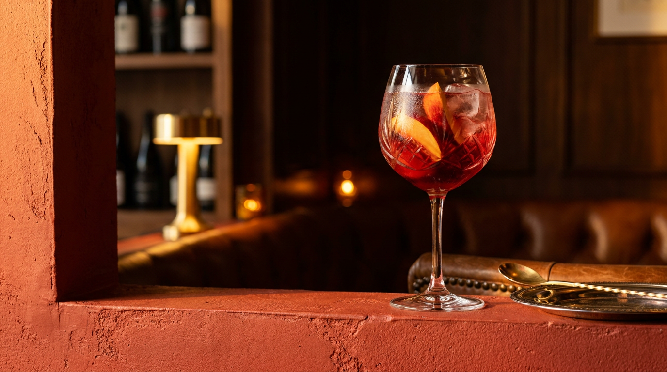 Zurra dans un grand verre à vin, tranches de pêche dans le vin rouge, rebord de plâtre rouge terre cuite