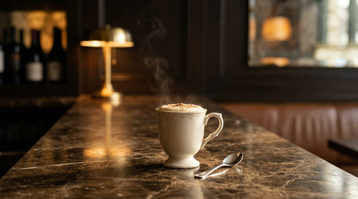 Tom and Jerry, pâte d'œuf moussée sur lait chaud dans une tasse à pied, muscade râpée, comptoir de marbre brun