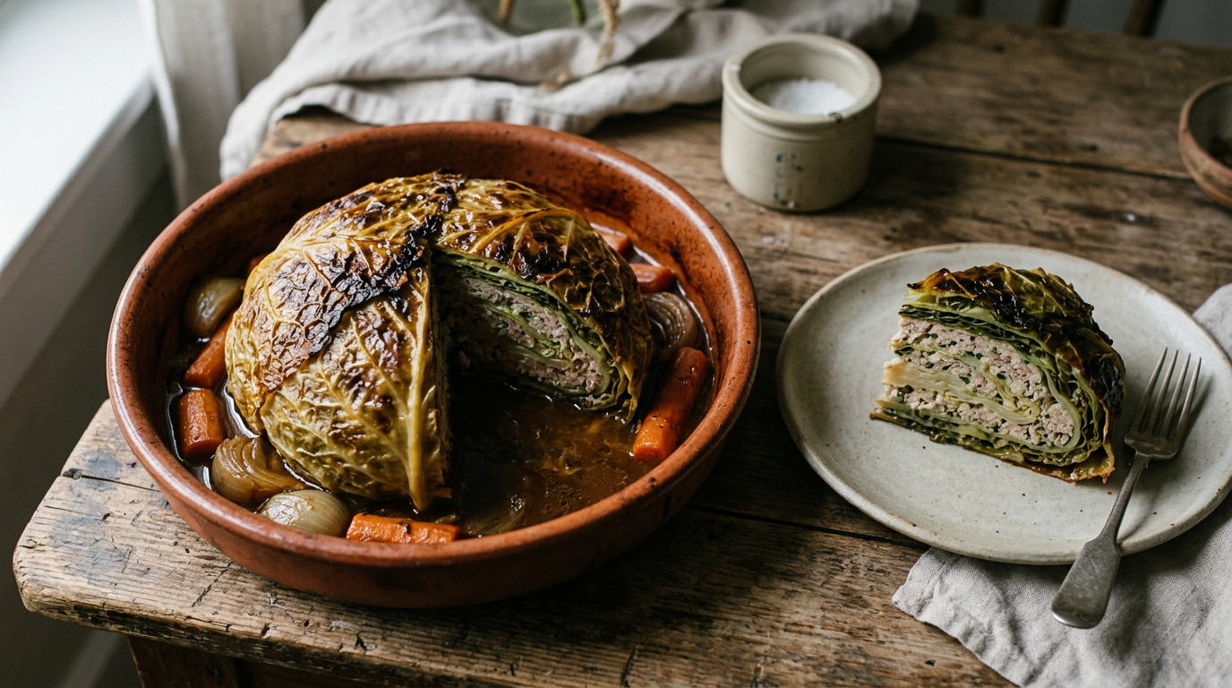 Chou farci entier braisé dans un plat en terre cuite avec carottes et oignons, une part tranchée sur une assiette montrant les couches alternées de feuilles de chou et de farce