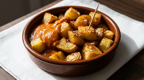 Patatas bravas dans une cazuela de terre, cubes de pomme de terre dorés et croustillants nappés d'une sauce rouille au pimentón