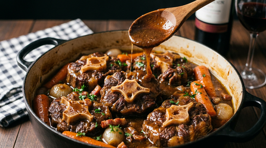 Queue de bœuf braisée en cocotte, tronçons avec l'os central, jus brun gélatineux nappant la cuillère, carottes et lardons