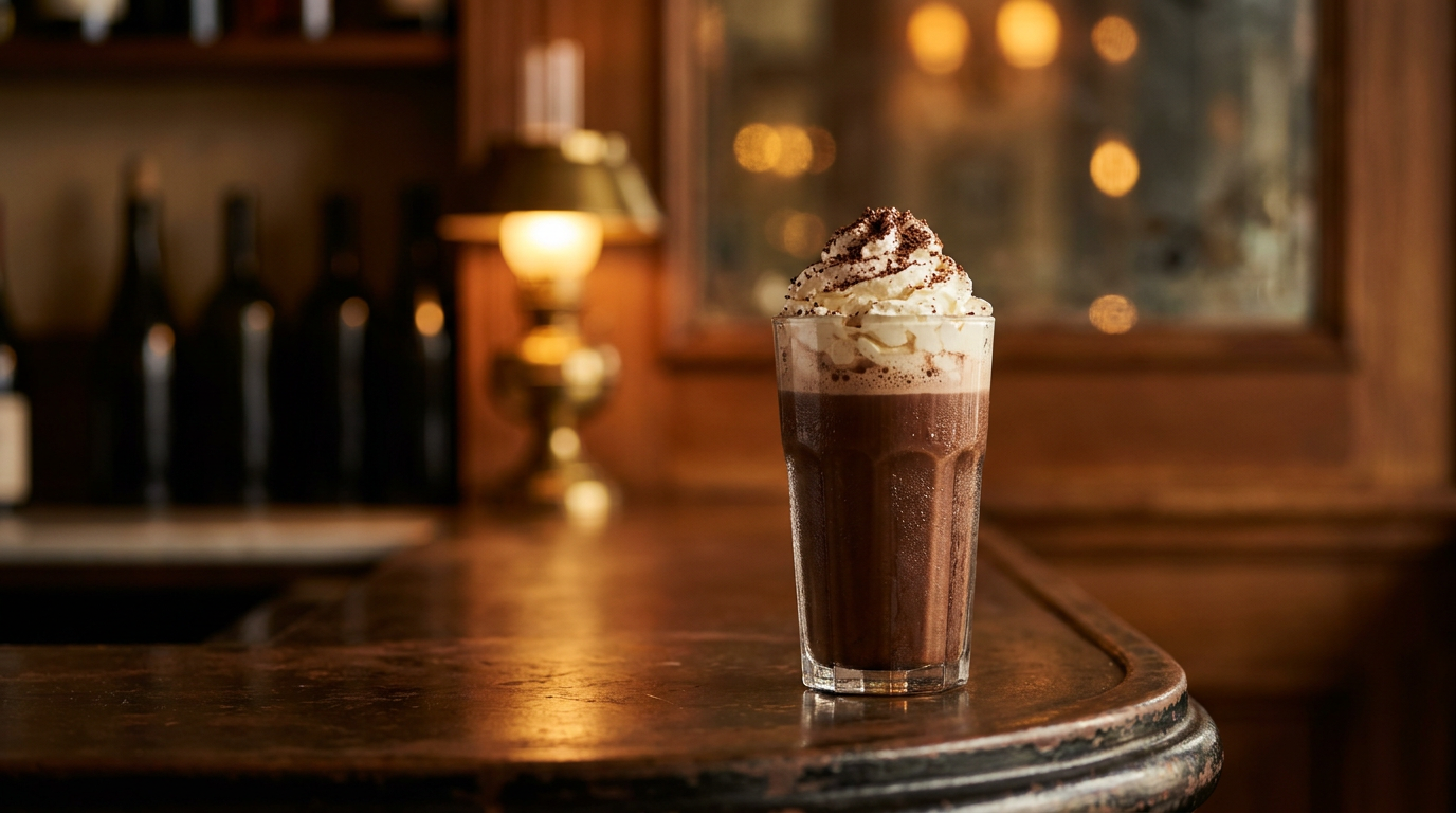Chocolat chaud viennois dans une grande tasse en verre, crème fouettée et copeaux de chocolat, guéridon de bistrot