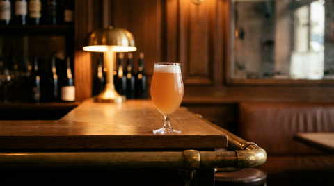 Verre à bière rempli d'une blanche trouble teintée pêche abricot, fin col de mousse blanche, sur un comptoir de chêne à barre de laiton dans un bar chaleureux