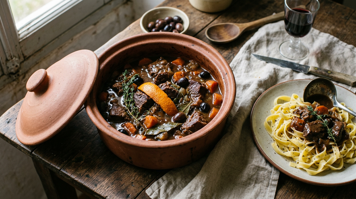Estouffade de bœuf dans une daubière en terre cuite : gros cubes de bœuf en sauce brune, olives noires, carottes, zeste d'orange et thym, assiette de pâtes fraîches napée de sauce