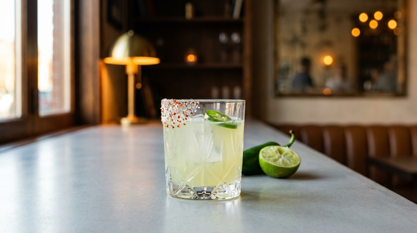 Margarita épicée au jalapeño sur glaçon, bord sel et piment, sur un comptoir de béton