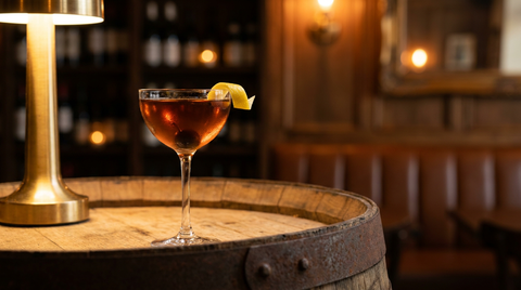 East India Cocktail ambré en coupe de cristal avec cerise et zeste, sur un fond de tonneau de chêne