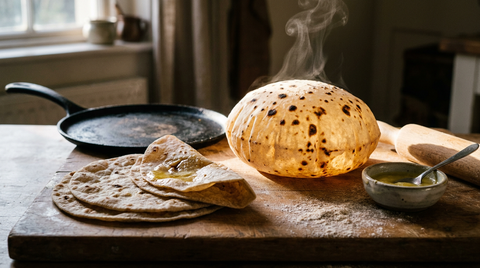 Chapatis indiens sur une planche, l'un gonflé en ballon au-dessus de la flamme, les autres empilés à plat avec du ghee fondu