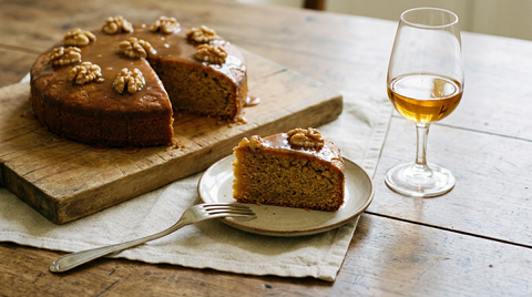 Gâteau aux noix rond sur une planche en bois, mie dorée et dense visible sur une part coupée, glaçage ambré et cerneaux de noix sur le dessus, fourchette à plat, verre de vin doux, table en bois