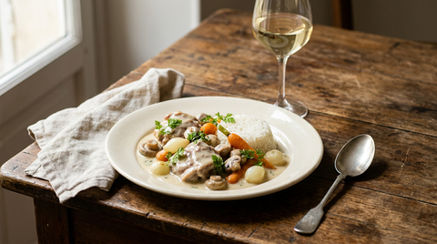 Blanquette d'agneau à la sauce crème ivoire, champignons, carottes nouvelles et petits oignons, riz, assiette creuse, table de bois, verre de vin blanc