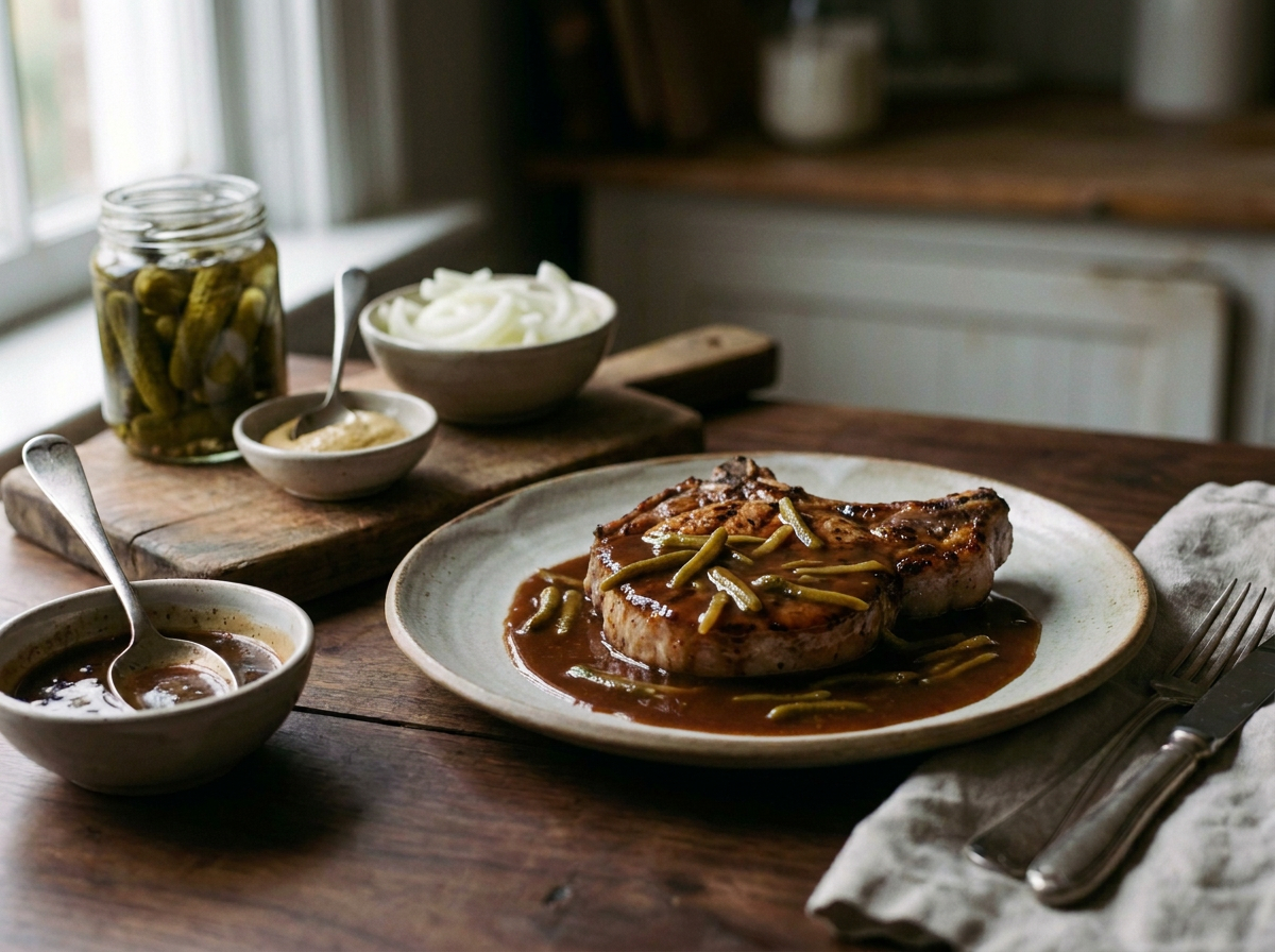 Sauce charcutière aux cornichons nappant une côte de porc grillée, bocal de cornichons et moutarde de Dijon sur une table en bois