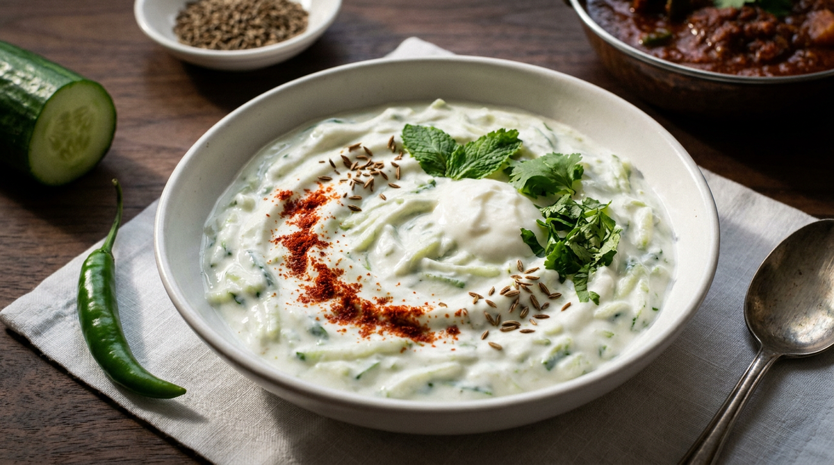 Raita au concombre dans un bol blanc, yaourt épais et crémeux, cumin grillé, piment rouge et menthe fraîche