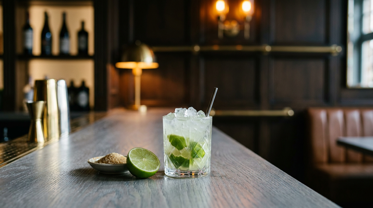 Virgin caipirinha, quartiers de citron vert et glace pilée, sur un comptoir de chêne cérusé