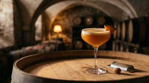 Cocktail d'Halloween à la citrouille dans une coupe en cristal posée sur un tonneau, dans une cave voûtée : robe orange opaque, mousse muscadée et quartier de courge rôtie