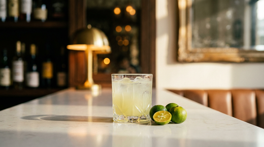 Calamansi juice jaune vert pâle et trouble sur glaçons, calamansis entiers et un coupé en deux à côté, comptoir de quartz blanc