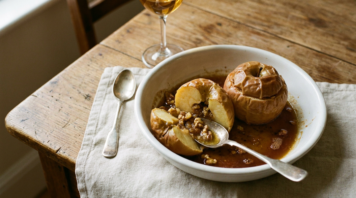 Deux pommes au four fripées et fondantes dans un plat blanc, cœur garni de beurre, de sucre roux et de noix, jus caramélisé ambré, cuillère à plat, verre de vin doux, table en bois