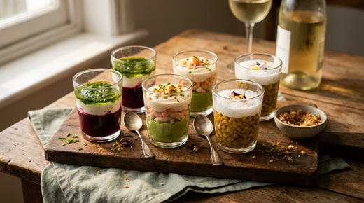 Six verrines apéritives aux couches nettes et distinctes, betterave, chèvre, avocat et crevette, avec de petites cuillères