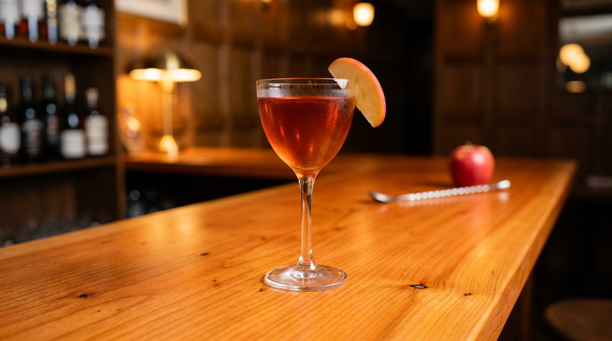 Star Cocktail ambré rouge dans un verre Nick and Nora, fine lamelle de pomme rouge sur le bord, comptoir d'if massif