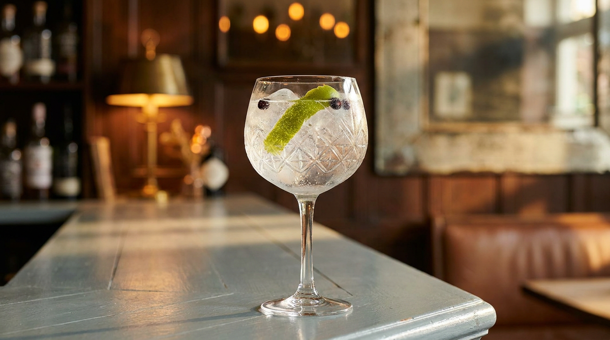 Gin tonic sans alcool dans un grand verre ballon, zeste de citron vert et baies de genièvre, comptoir de bois peint gris bleu