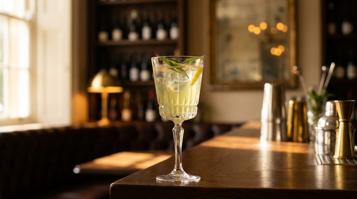 Cocktail à la verveine jaune vert pâle dans un verre à pied sur glace, feuilles de verveine, comptoir de caviste