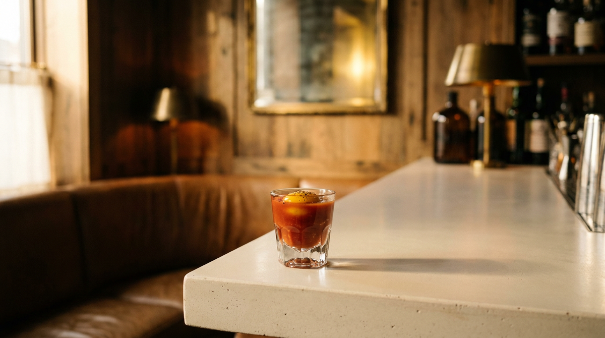 Prairie Oyster rouge tomate dans un petit verre avec un jaune d'œuf entier intact au centre, poivre moulu, comptoir de béton blanc cassé