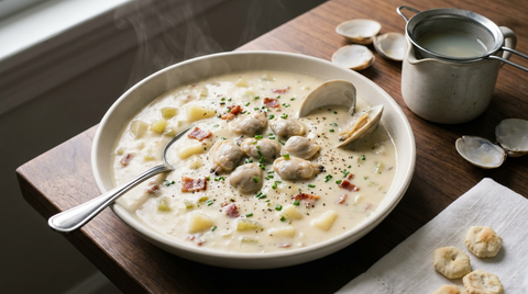 Clam chowder de Nouvelle-Angleterre, soupe crémeuse ivoire, palourdes charnues posées dessus, pichet de jus filtré et coquilles