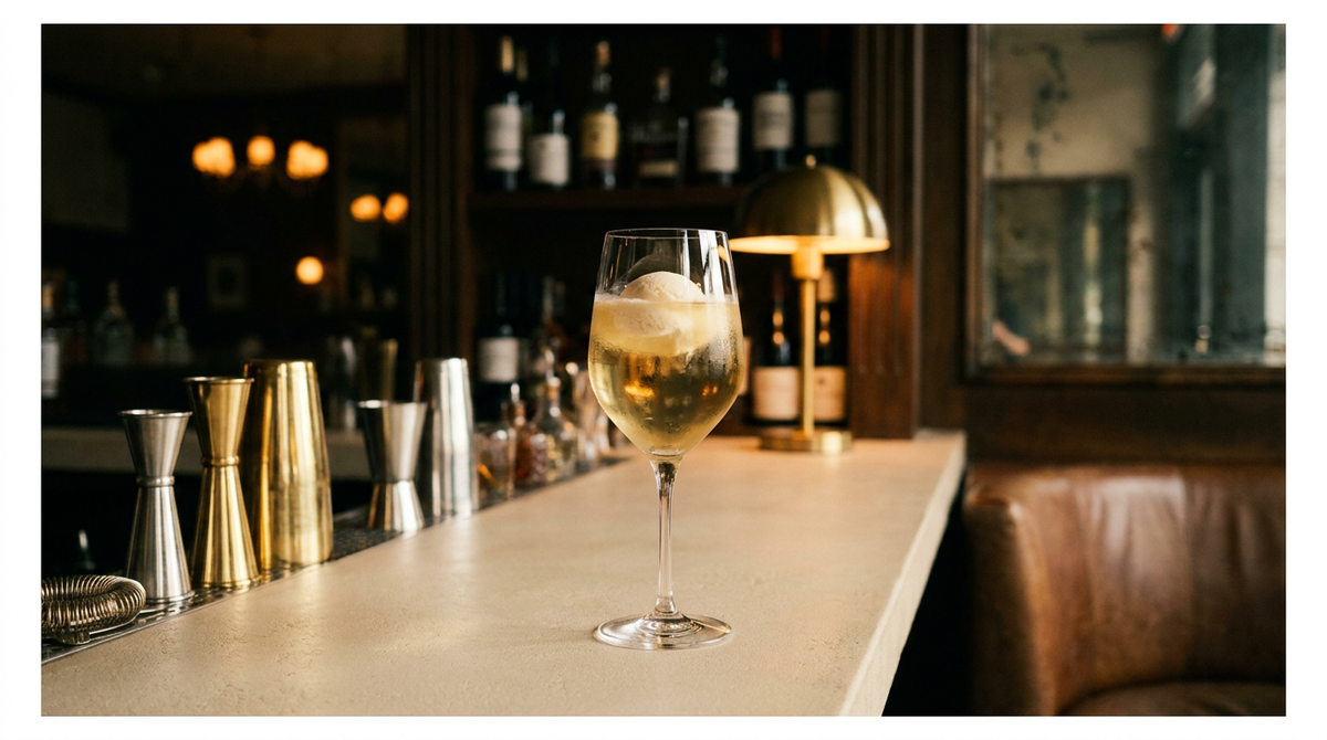 Terremoto chilien dans une chope, vin blanc pâle et boule de glace à l'ananas, table de béton brut