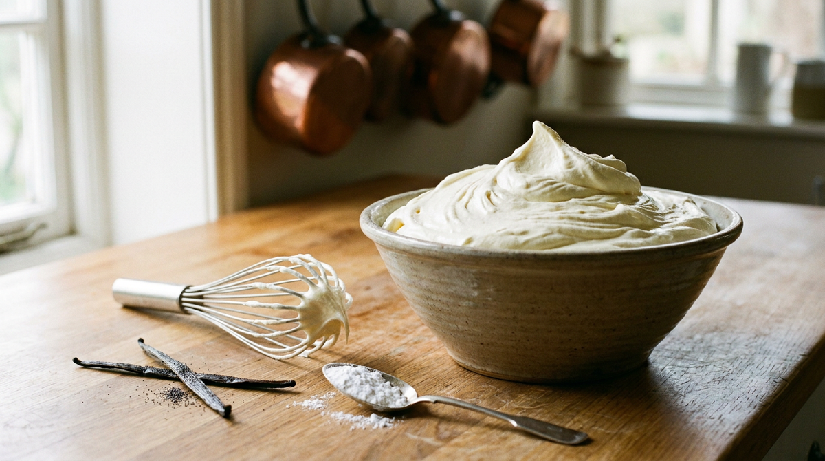 Crème chantilly maison dans un grand bol en grès, pics souples et traces de fouet, fouet à plat avec de la crème, gousse de vanille fendue et cuillère de sucre glace sur un plan de travail en bois, casseroles en cuivre