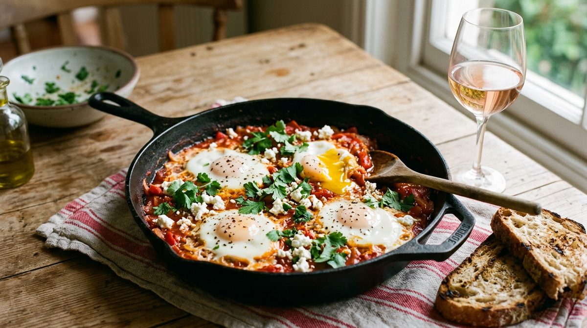 Shakshuka dans une poêle en fonte : sauce tomate aux poivrons avec quatre œufs pochés, feta et coriandre, pain grillé à côté