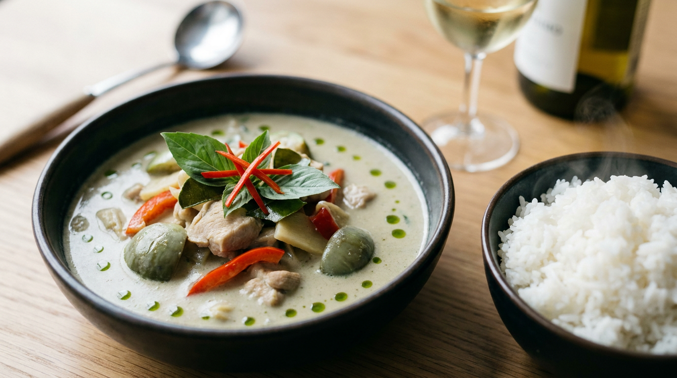 Curry vert thaï en bol sombre, sauce coco vert pâle perlée d'huile verte, poulet, aubergines thaï, basilic et piment, riz jasmin