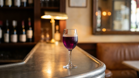 Kir servi dans un verre à pied sur un comptoir de bistrot en étain