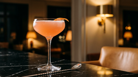 Cocktail Moonwalk en coupe de cristal, zeste d'orange, sur un comptoir de marbre noir