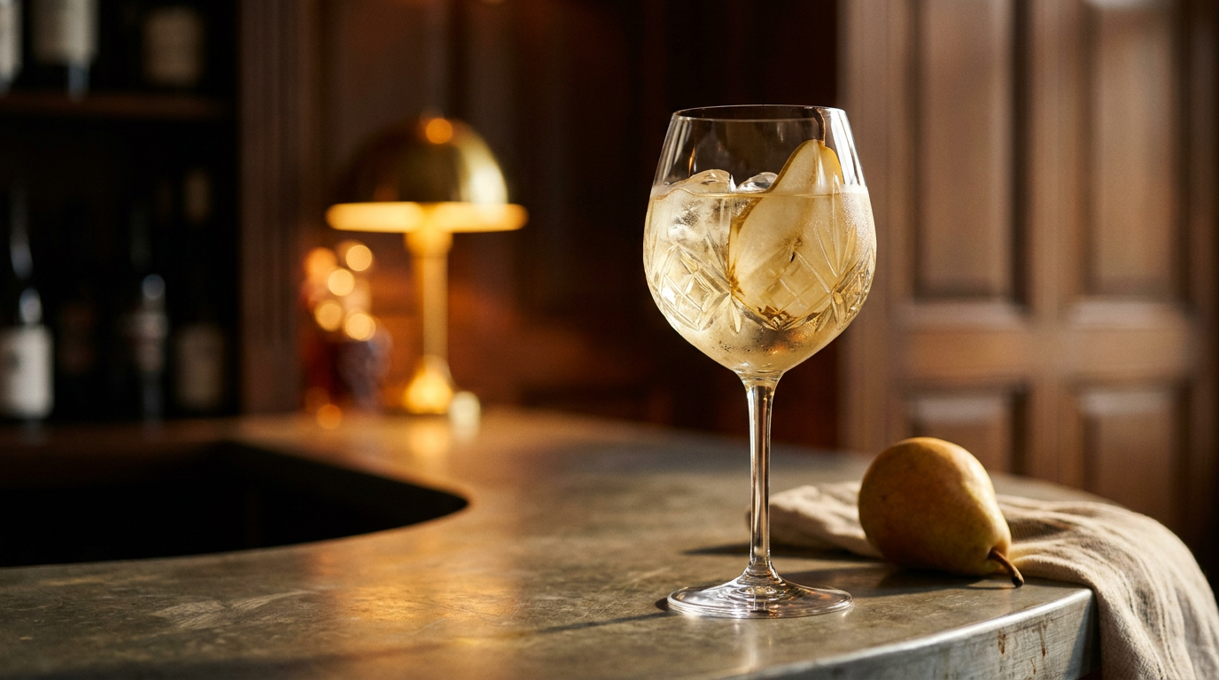 Grand verre à vin de blanc doré sur glace avec des lamelles de poire, poire posée à côté, sur un comptoir de zinc patiné dans un bar chic