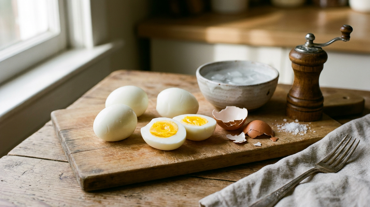 Œufs durs écalés posés sur une planche de bois, l'un coupé en deux montrant un jaune d'or crémeux sans cercle gris, coquilles brisées à côté, bol d'eau glacée, sel et poivre, table de bois clair, lumière douce