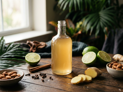 Bouteille de falernum maison ambré, citron vert, clous de girofle, cannelle et gingembre sur bois sombre