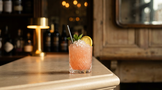 Gin Daisy rose corail sur dôme de glace pilée, rondelle de citron et brin de menthe, paille, comptoir de pierre de Caen