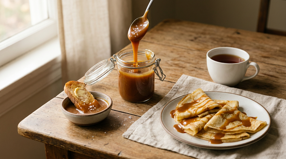 Bocal de caramel au beurre salé maison, cuillère qui laisse couler un ruban ambré, crêpes nappées de caramel, table de bois, tasse de thé
