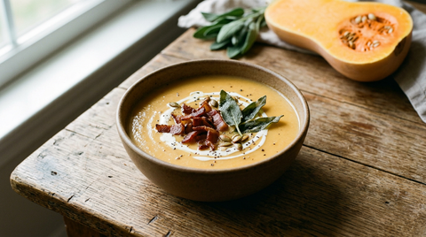 Velouté de butternut orange clair dans un bol en grès brun, lard fumé croustillant, feuilles de sauge frites et graines de courge, demi-butternut coupée à l'arrière-plan