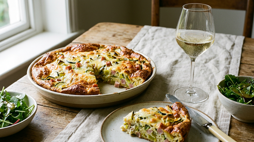 Quiche sans pâte dorée et gonflée dans un plat en céramique, appareil aux œufs gratiné au gruyère, poireaux, courgettes et jambon, une part sur une assiette montrant l'intérieur crémeux, couteau à plat, salade verte, verre de crémant pâle