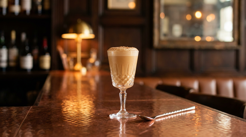 Sherry Flip crémeux à la muscade râpée dans un petit verre à pied sur un comptoir de cuivre martelé