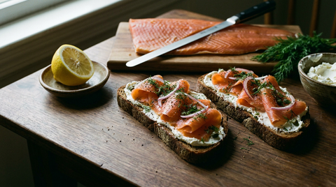 Tartines de pain de seigle au fromage frais et saumon fumé plissé, aneth ciselé, oignon rouge et câpres, demi-citron non pressé posé à côté, filet de saumon entier sur une planche avec un long couteau à lame lisse