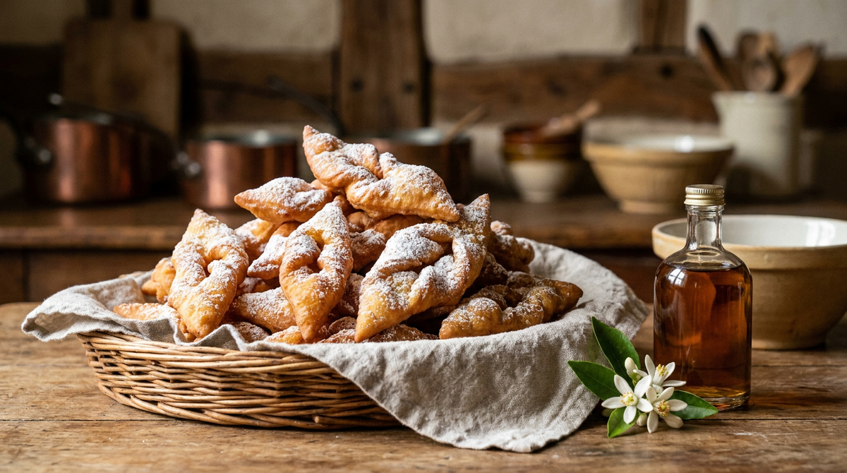 Merveilles du Sud-Ouest, beignets plats dorés en losanges et en rubans noués, cloqués et croustillants, saupoudrés de sucre glace, en pile sur un torchon de lin et dans une corbeille, armagnac à côté, table de bois, lumière chaude