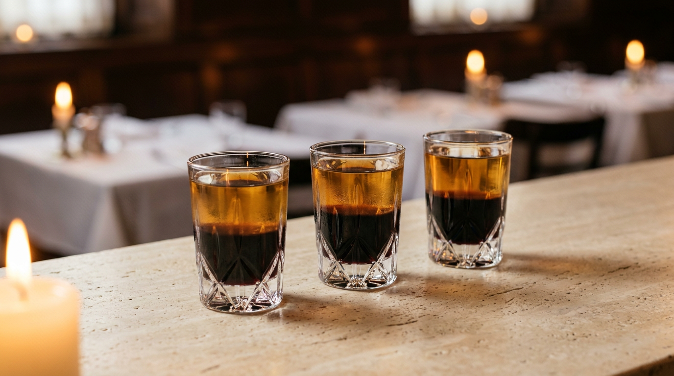 Shots d'Halloween à deux couches, fond de cassis presque noir et liqueur d'orange ambrée, en verres à shot droits sur un comptoir de travertin, arrière-salle aux bougies