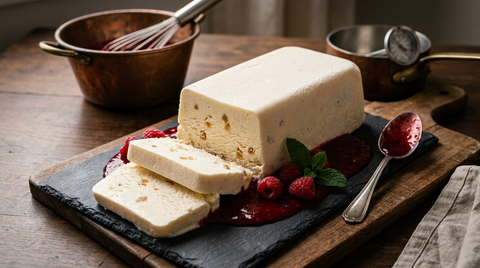 Parfait glacé démoulé sur une ardoise, bloc ivoire dense aux tranches fines montrant une texture serrée sans cristaux, coulis de framboise, framboises fraîches et menthe, cul-de-poule en cuivre avec fouet et thermomètre à sucre