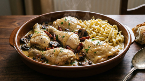 Coq au riesling en cocotte, morceaux ivoire nappés de sauce dorée, champignons et lardons rissolés, spätzle